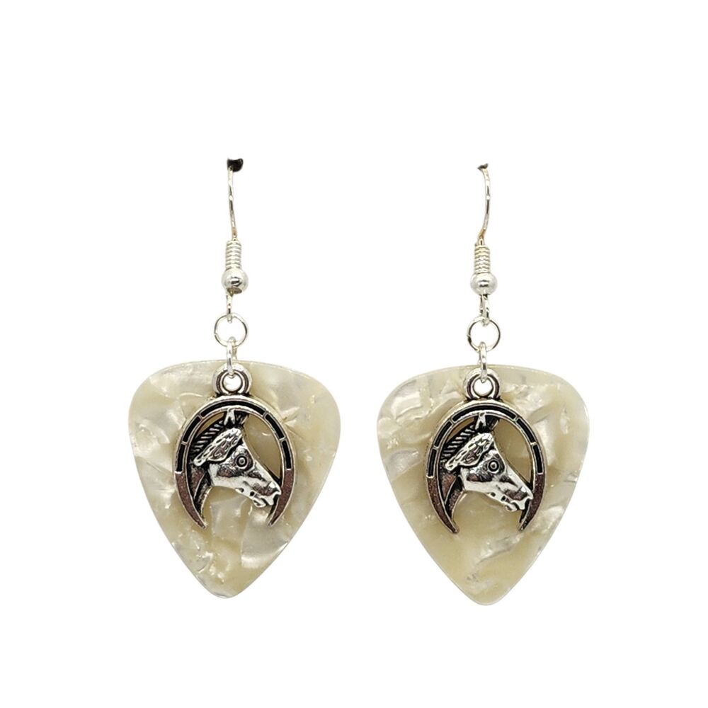 Horse on Horseshoe Charm on Guitar Pick Earrings - Choose Color - Handmade USA